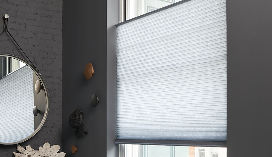 A top-down bottom-up Cellular Shade made of 3-4 Single Cell in Twilight covers the bottom of a window in a grey foyer