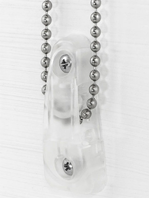 A product image of a continuous loop tension device shows a silver chain held taut by a plastic device on the wall