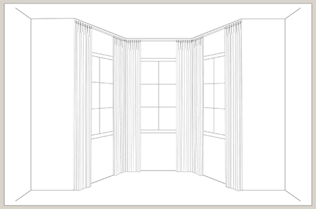 An illustration shows how drapery can be hung in each of the angles of a bay window so there are panels to cover each window