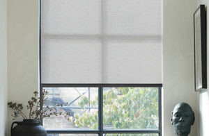 An small bright office space has a Solar Shade made of 5% Solistico in Slate that allows light in without the heat or glare