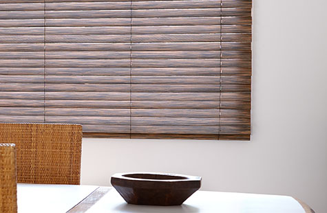 Window treatments for bay windows include Wood Blinds made of 2-inch Exotic in Zebrano which has lots of grain variation